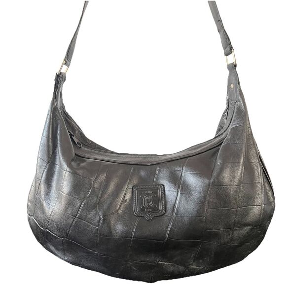 Vintage CELINE Embossed Leather Shoulder Bag Black - Picture 1 of 15
